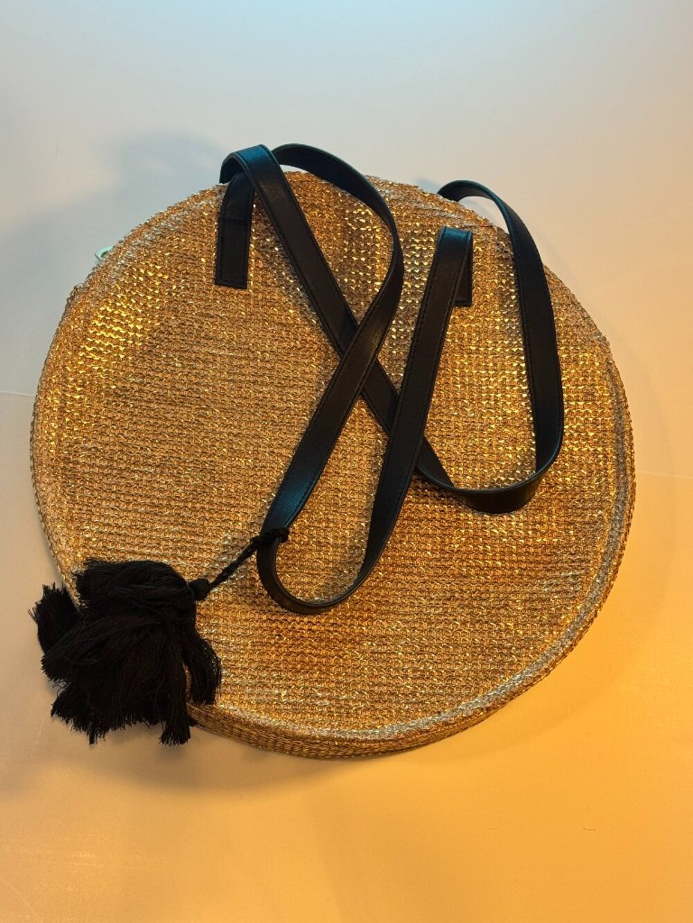 Express Gold Metallic Woven Straw Round Bag Black Tassel